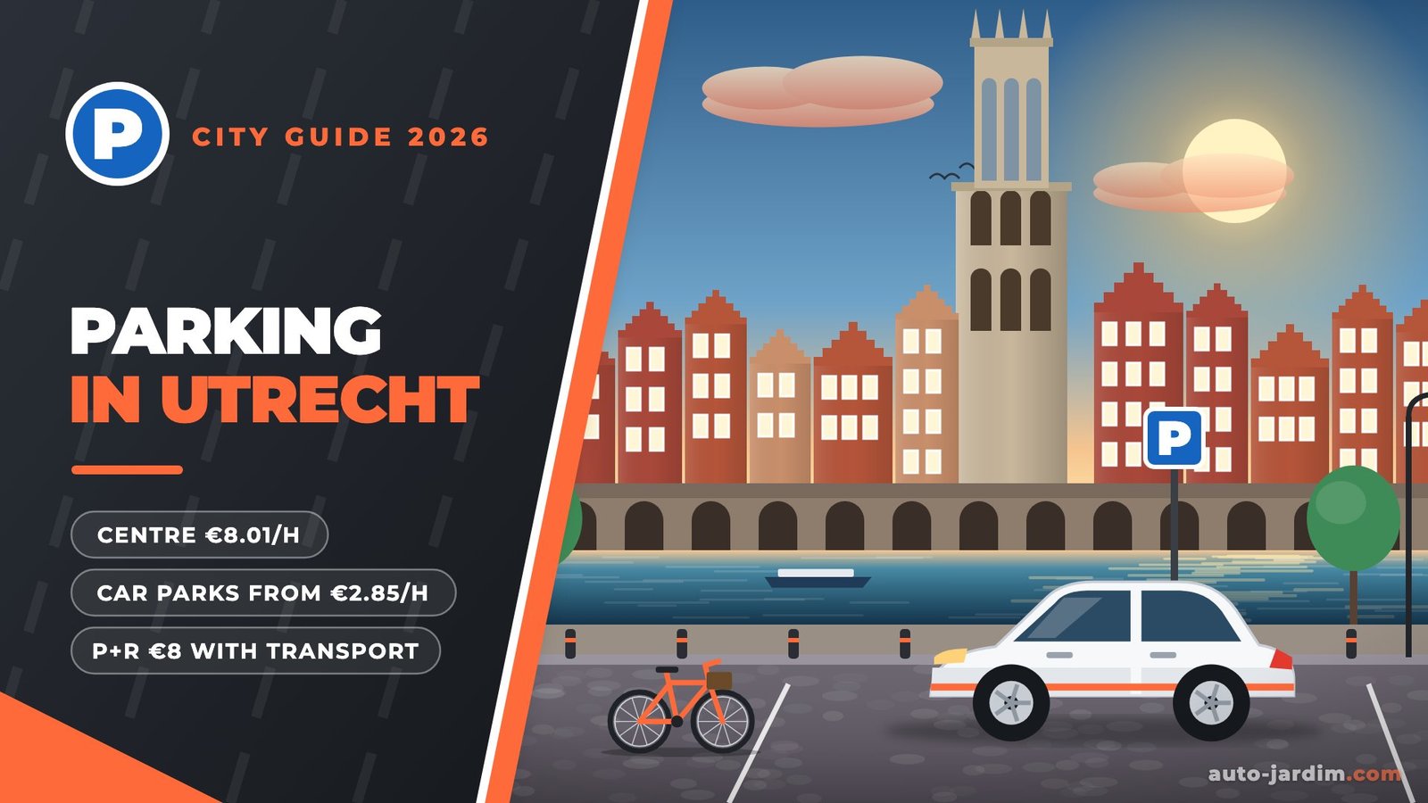Parking in Utrecht 2026 – Dom Tower and Oudegracht wharf illustration
