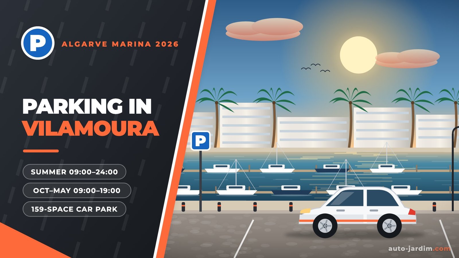 Illustration of Vilamoura marina with yachts on the pontoons, palm trees, apartment blocks and a parked car
