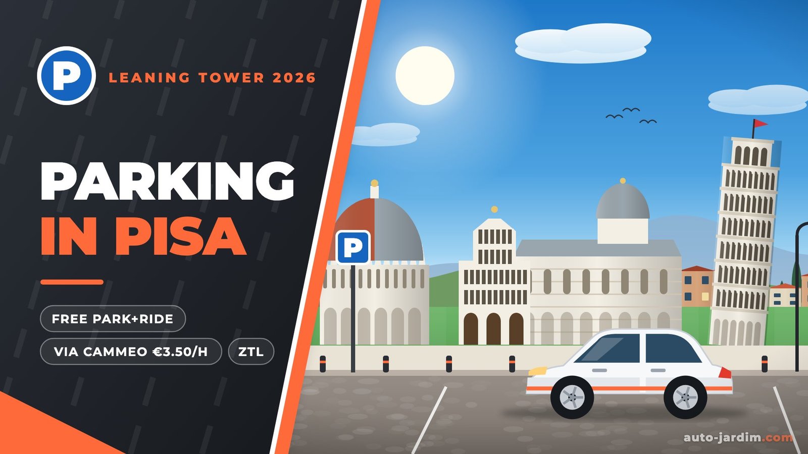 Illustration of Pisa's Piazza dei Miracoli with the Leaning Tower, the cathedral and the baptistery, and a parked car