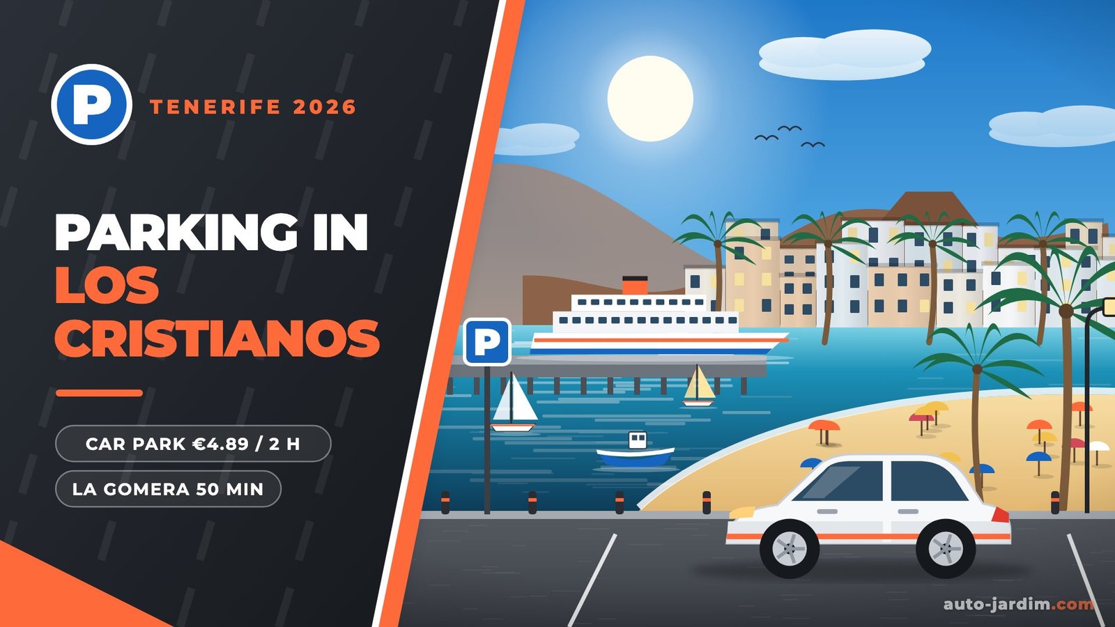 Illustration of Los Cristianos harbour in Tenerife with a ferry at the quay, the beach and a parked car