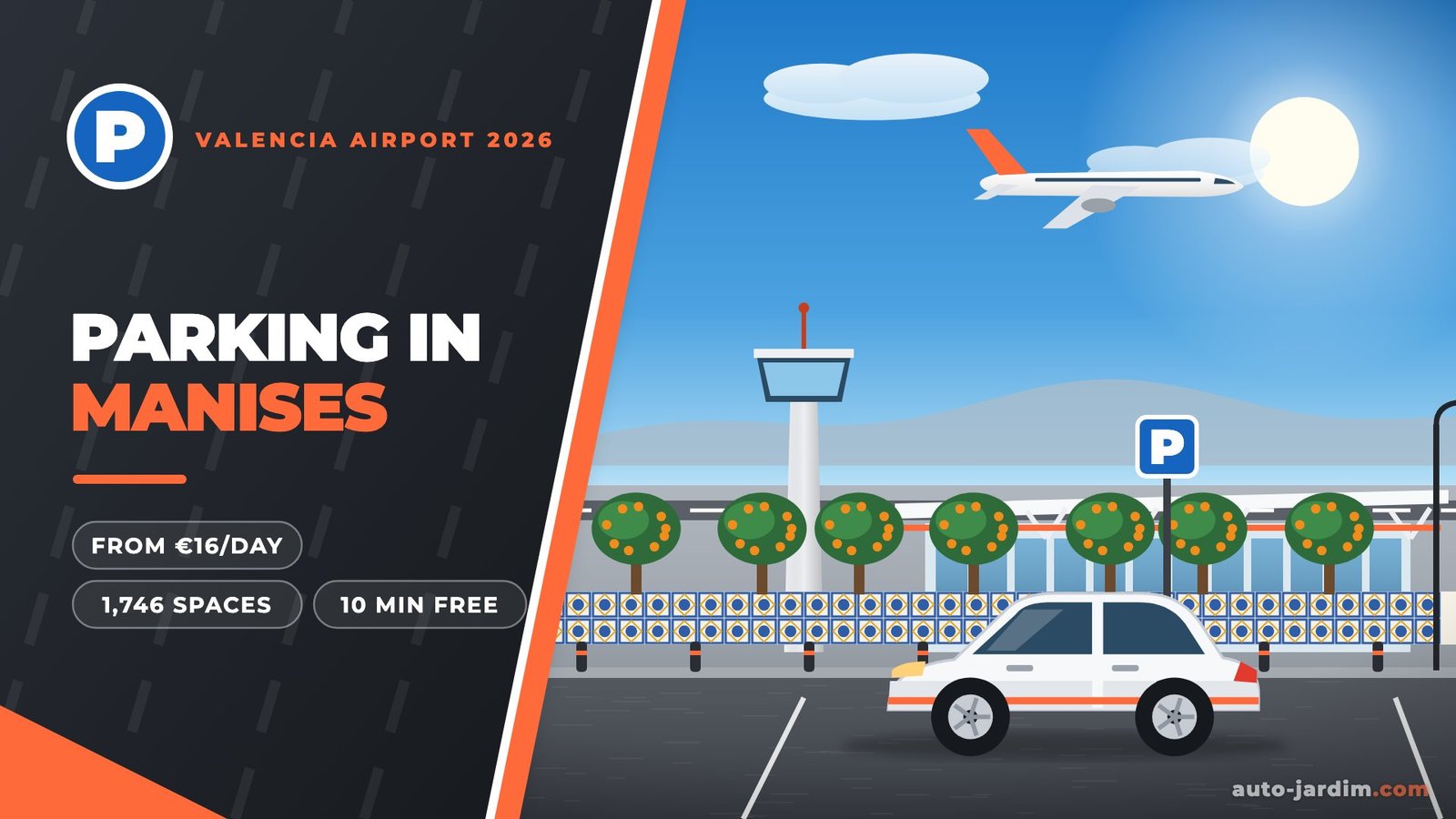Parking in Manises 2026 – Valencia airport terminal and tower, orange trees and blue Manises ceramic tiles illustration