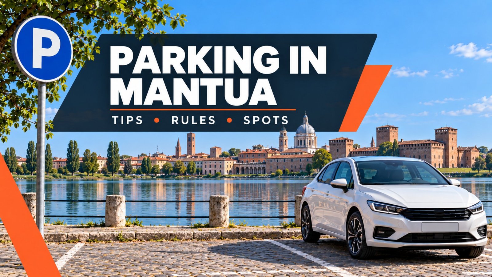 Parking in Mantua – lakeside skyline with the Castello di San Giorgio