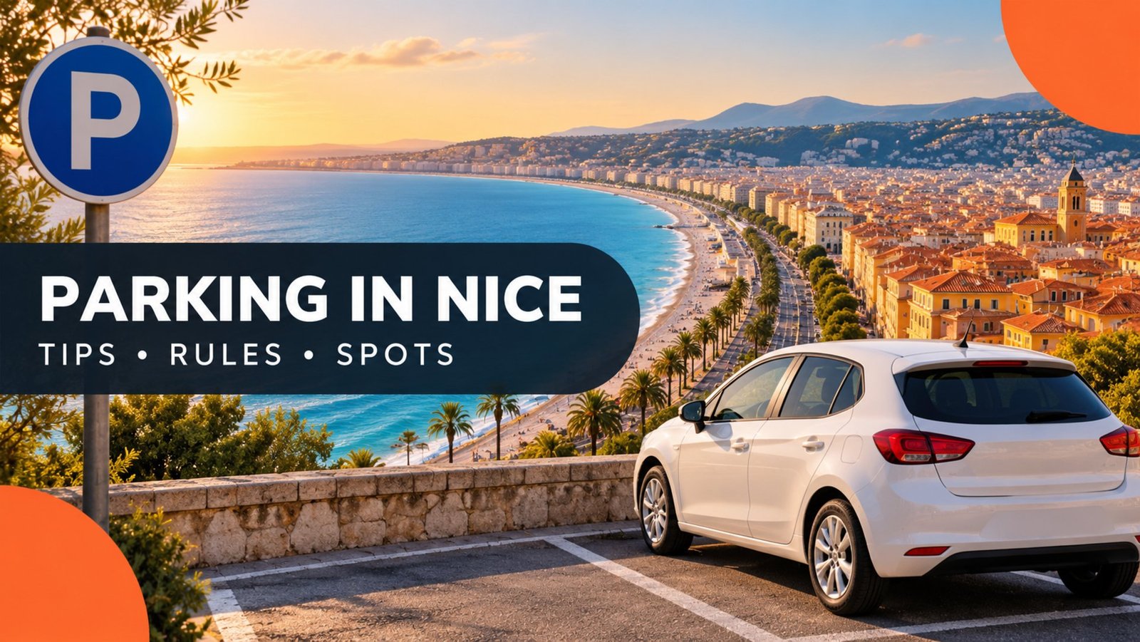 Parking in Nice – white car above the Promenade des Anglais and the Baie des Anges