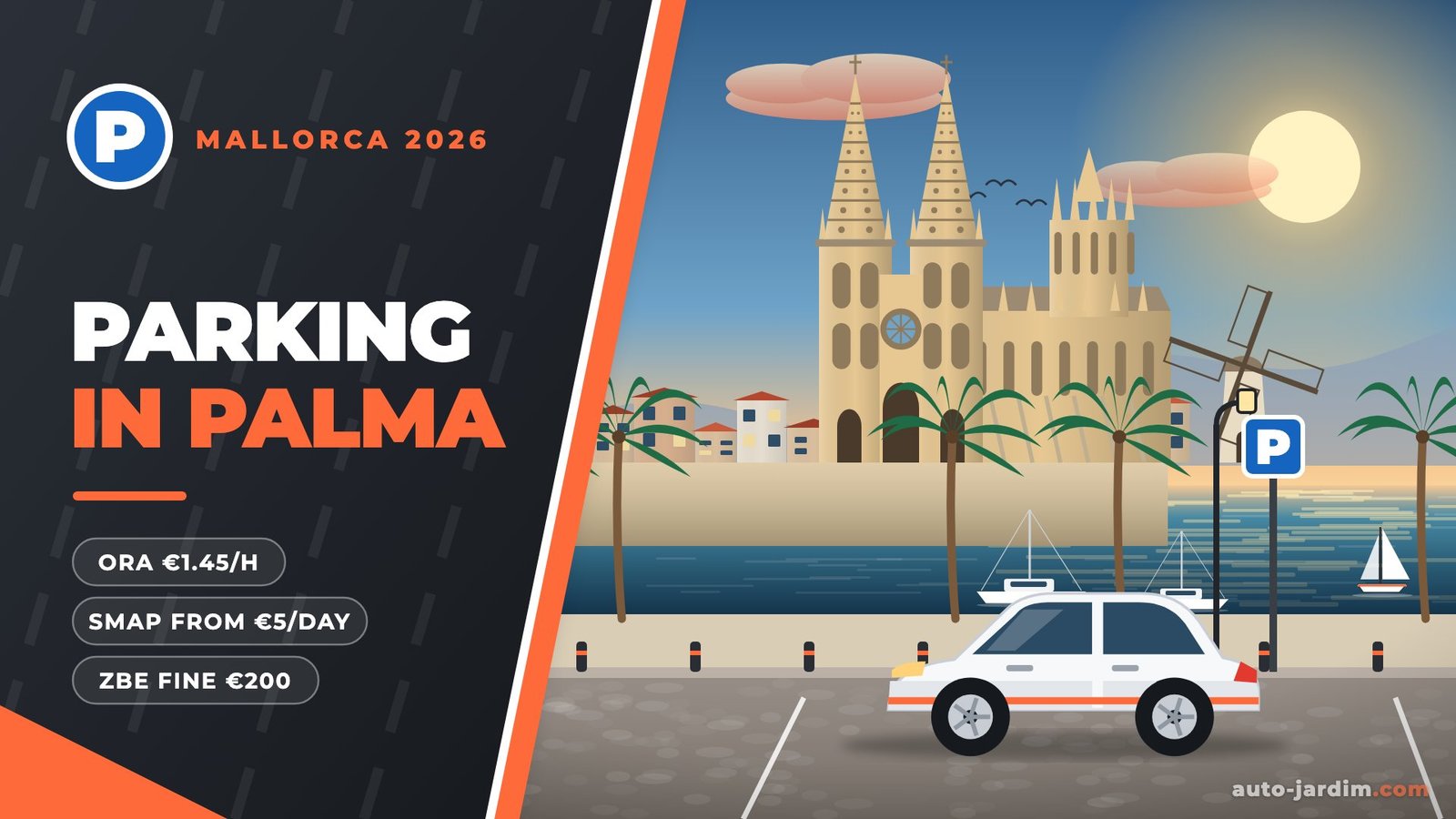 Parking in Palma de Mallorca 2026 – La Seu cathedral, windmill and harbour illustration