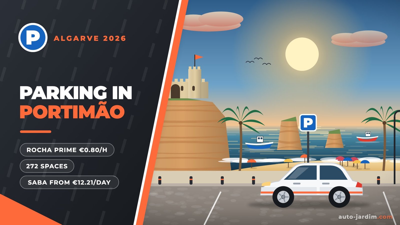 parking portimao 2026 Parking in Portimão 2026 – Praia da Rocha cliffs, Santa Catarina fortress and beach illustration