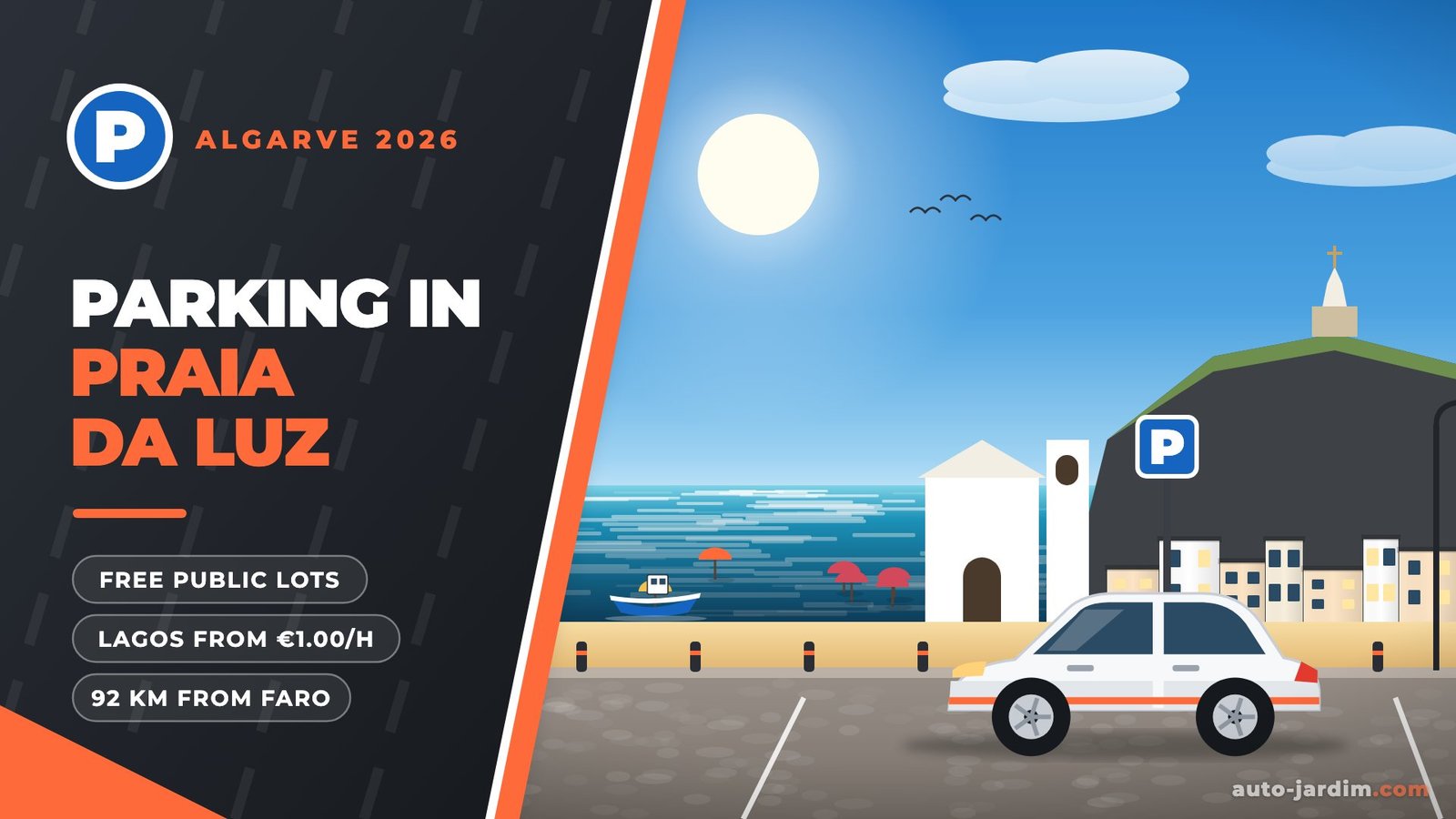 parking praia da luz 2026 Parking in Praia da Luz 2026 – Rocha Negra headland, white church and beach illustration