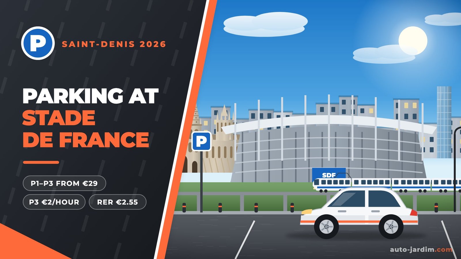 Illustration of the Stade de France in Saint-Denis with its floating roof, an RER train on the viaduct and a parked car