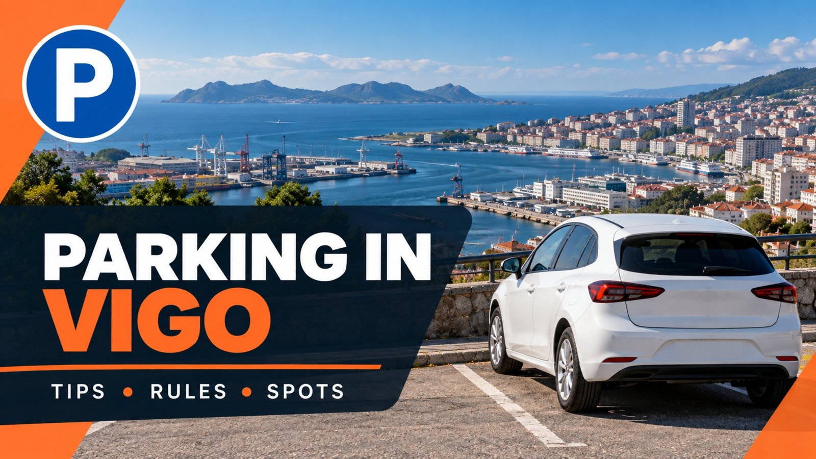 Parking in Vigo – waterfront on the Ría de Vigo with the Cíes Islands