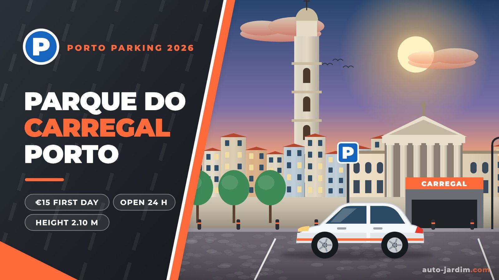 Parque do Carregal car park, Porto: Clérigos Tower and Hospital de Santo António