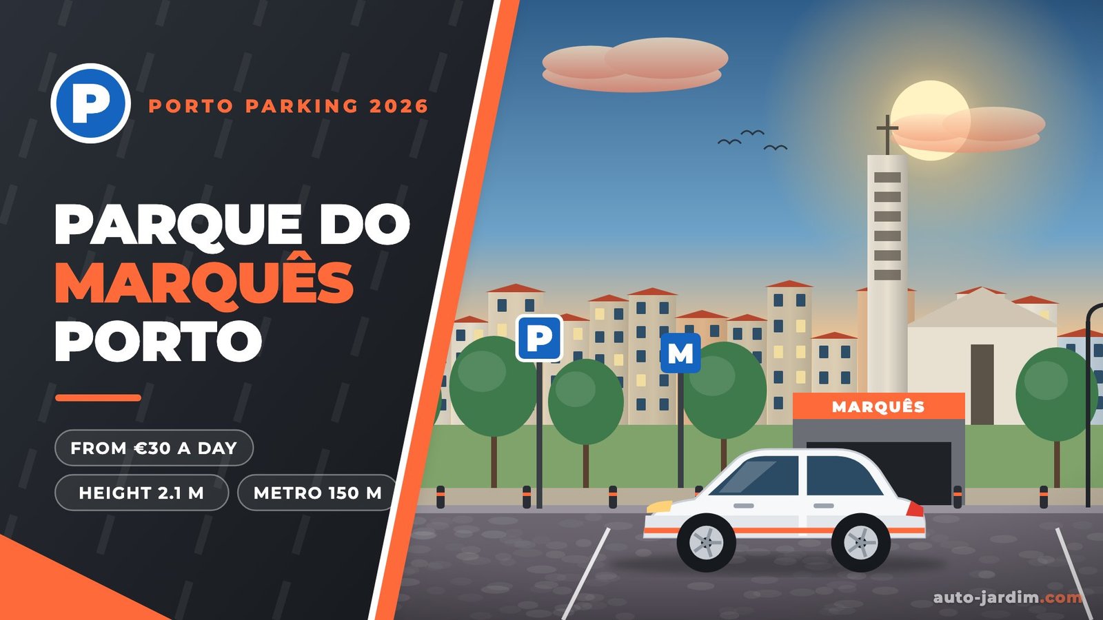 Parque do Marquês, Porto 2026 – Praça do Marquês church tower, garden and car park entrance illustration
