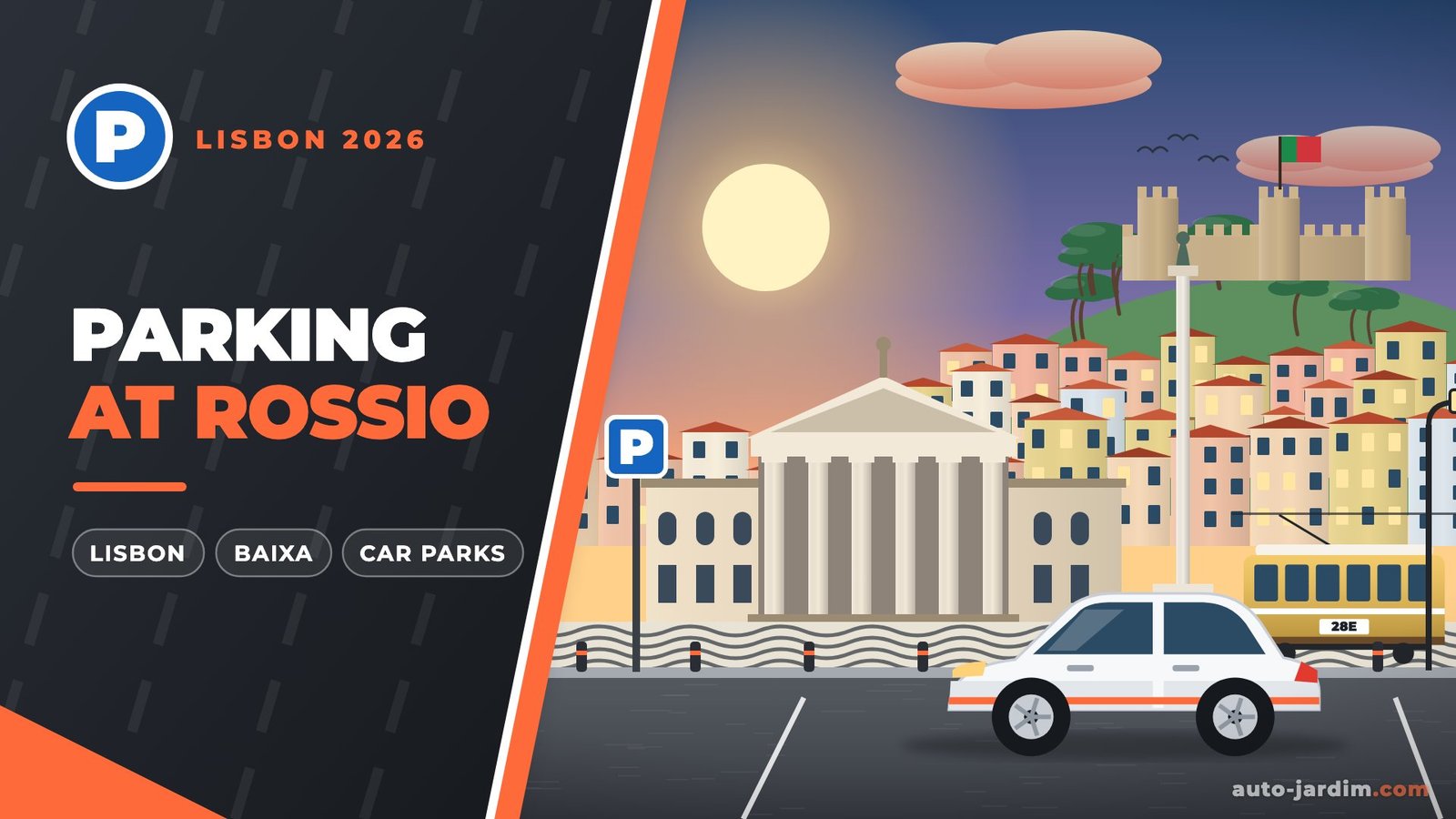 Parking at Rossio, Lisbon – illustration of the D. Maria II theatre, a tram and a parked car