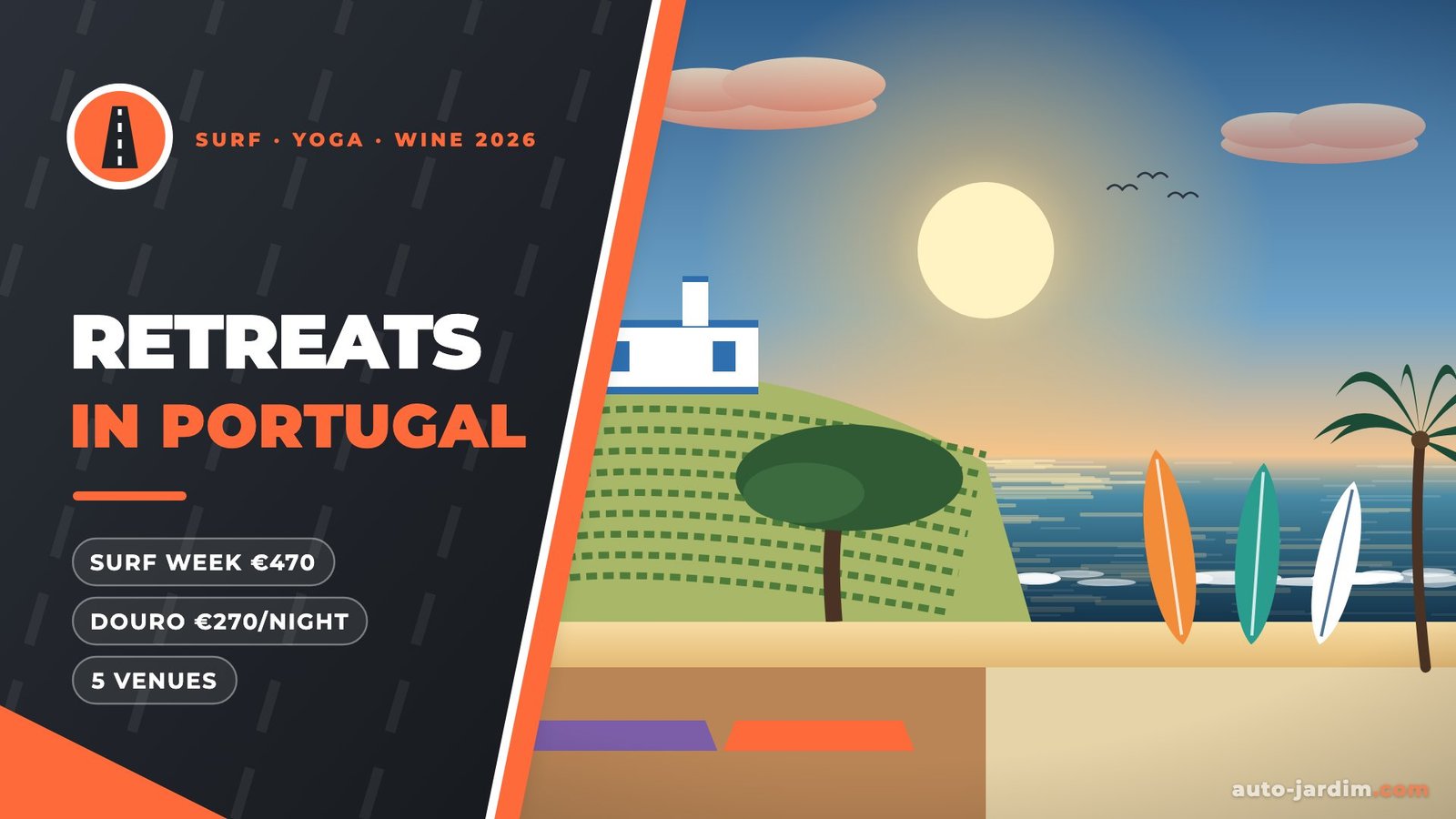 Illustration of a Portugal retreat: Alentejo vineyard and whitewashed farmhouse, yoga mats on a deck, surfboards on an Atlantic beach