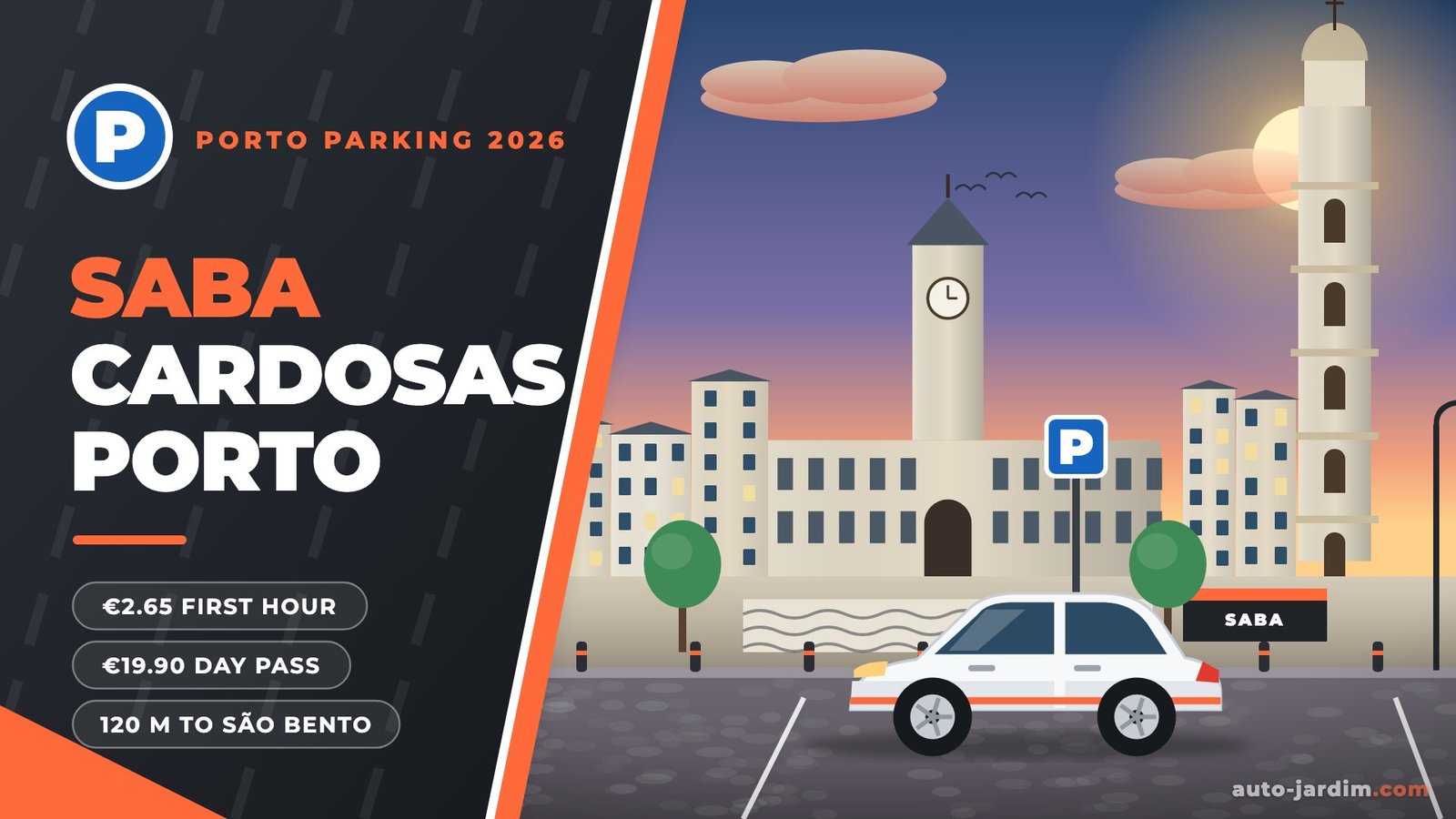 SABA Cardosas car park, Porto: Avenida dos Aliados city hall and Clérigos Tower