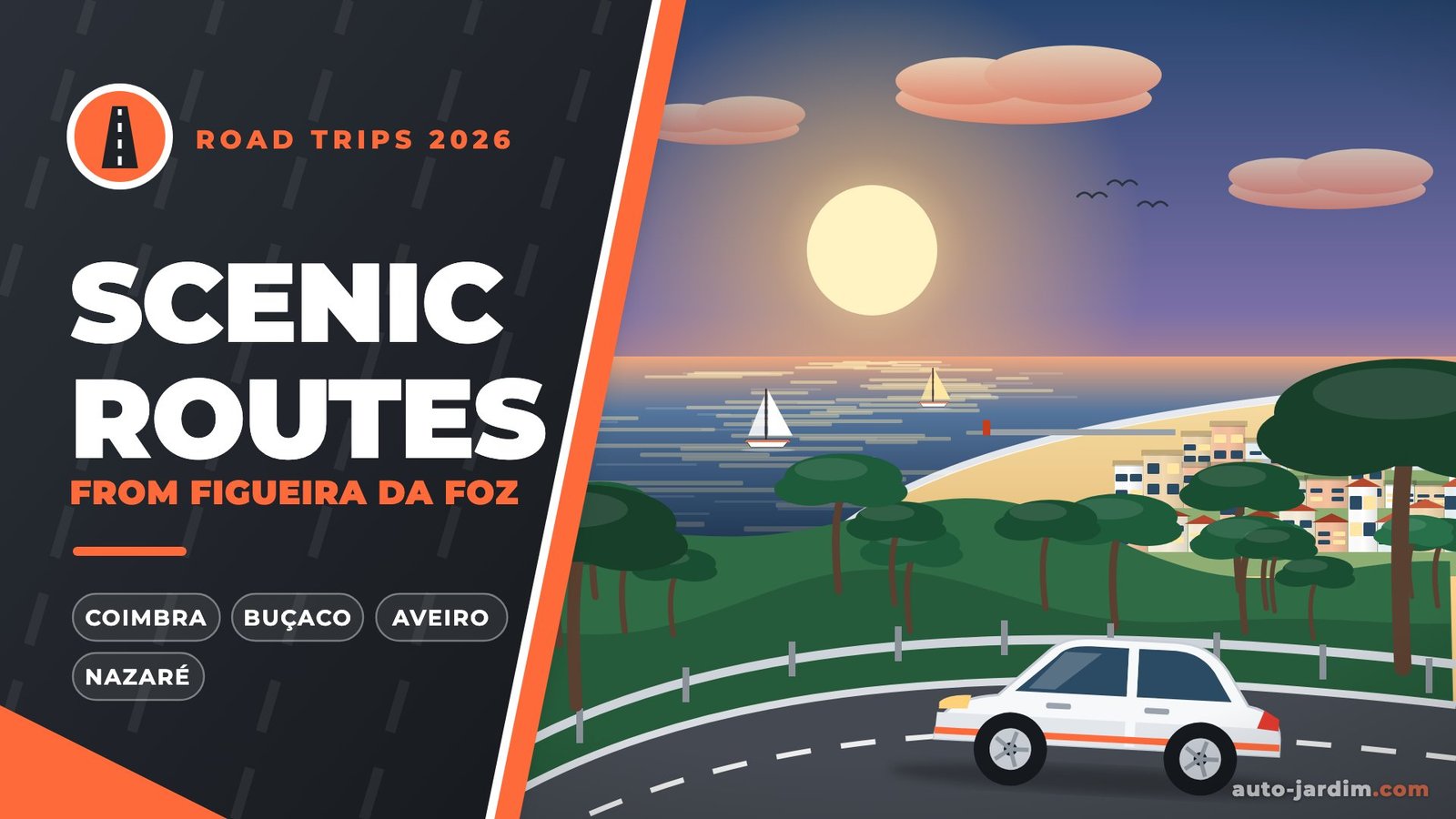 Scenic routes from Figueira da Foz – illustration of a white car on a coastal road above the beach