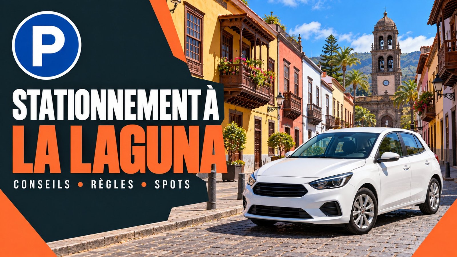 Stationnement à La Laguna – façades coloniales colorées et une voiture de location blanche