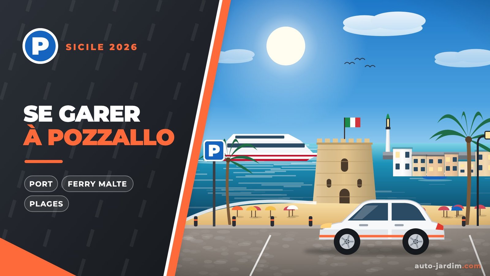 Stationnement à Pozzallo – illustration de la Torre Cabrera, du ferry pour Malte et d’une voiture garée