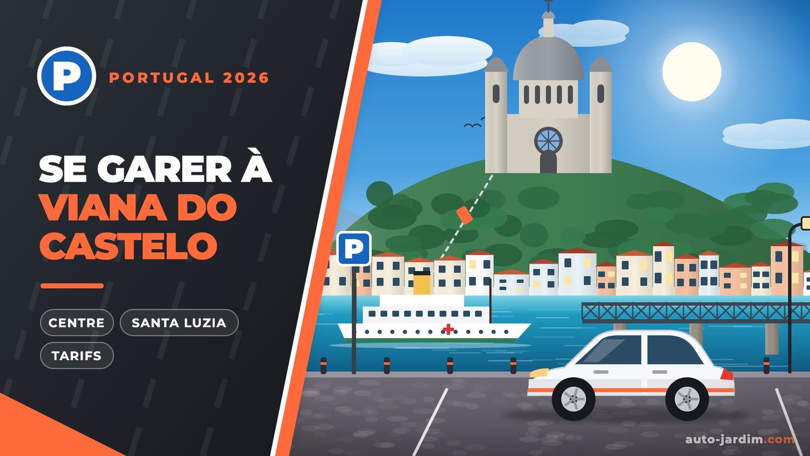 Stationnement à Viana do Castelo – illustration de la basilique de Santa Luzia, du funiculaire et du navire Gil Eannes