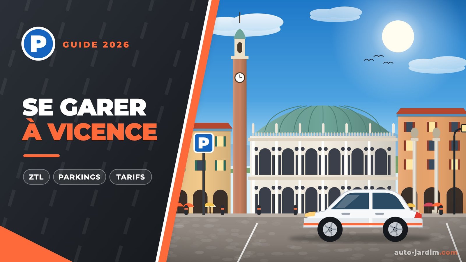 Stationnement à Vicence – illustration de la Basilique palladienne et d’une voiture garée