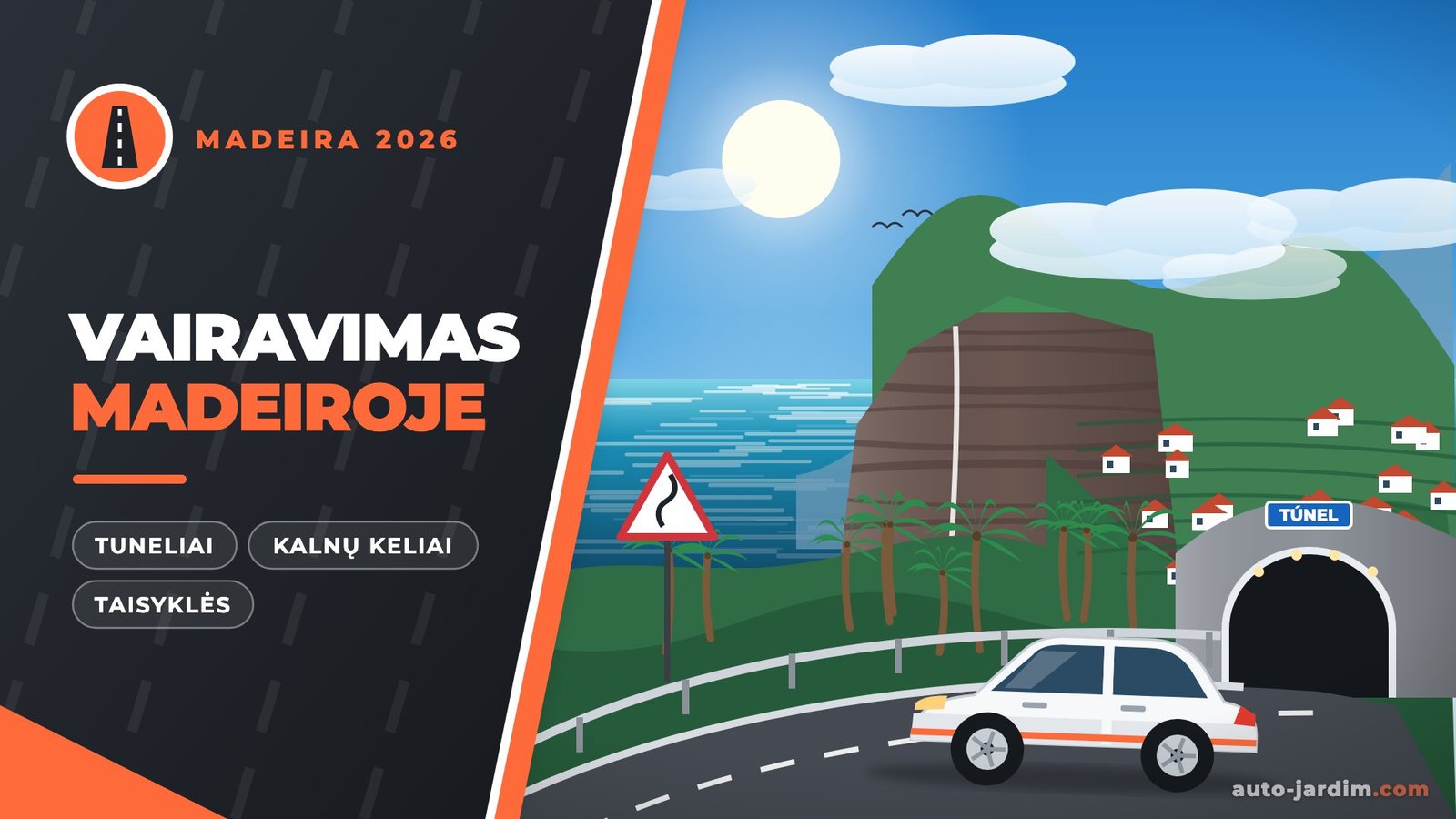 Iliustracija: vingiuotas Madeiros kelias prie tunelio, uolos virš vandenyno ir kalnų terasos