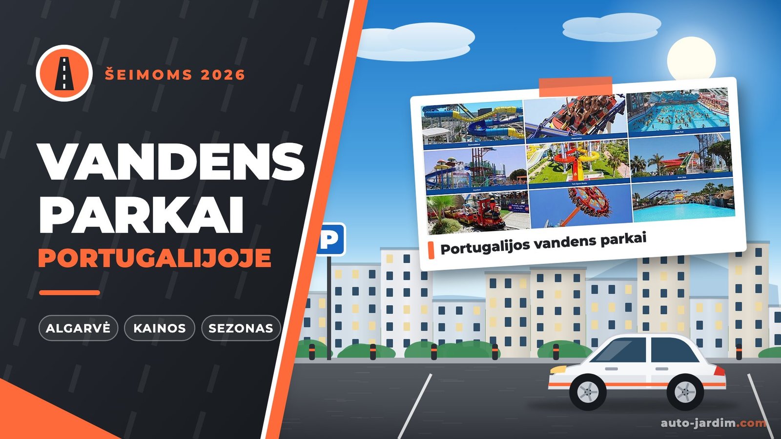 Portugalijos vandens parkų nuotraukų koliažas pieštame rėmelyje