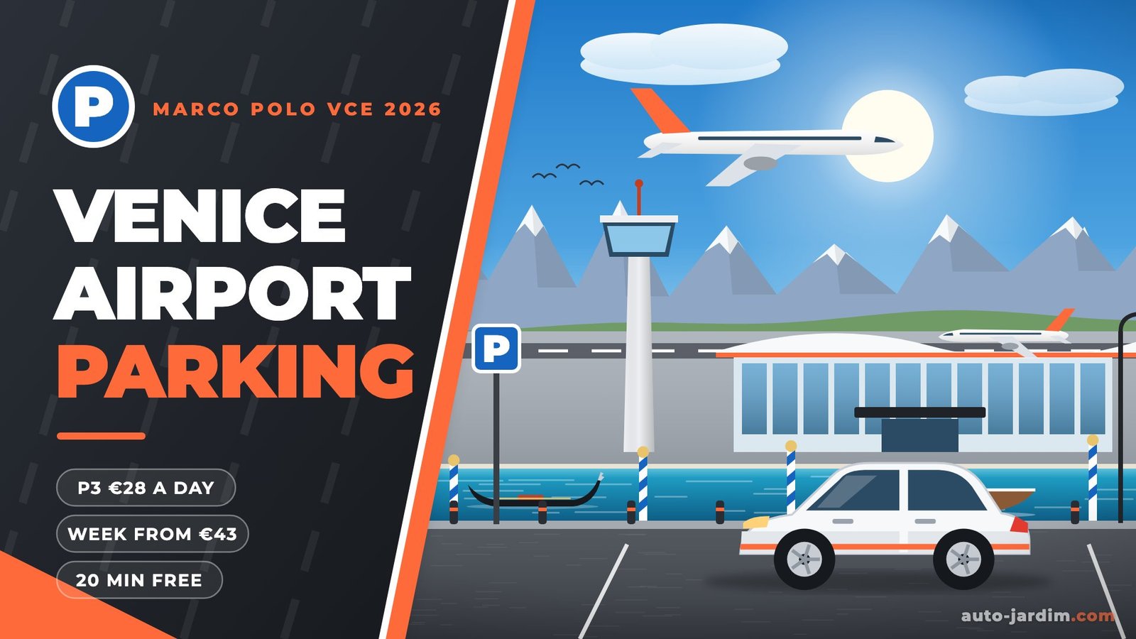 Illustration of Venice Marco Polo Airport with the terminal, control tower, water-taxi dock and a parked car