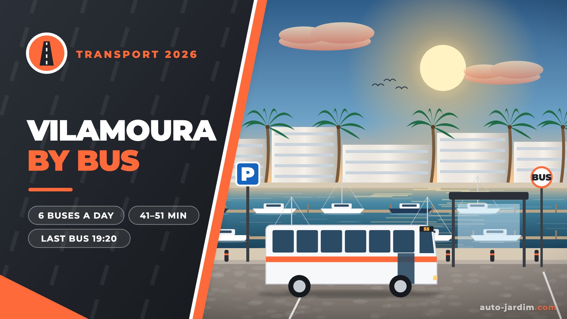 Vilamoura public transport 2026 – regional bus at a stop by the marina with yachts and palms illustration